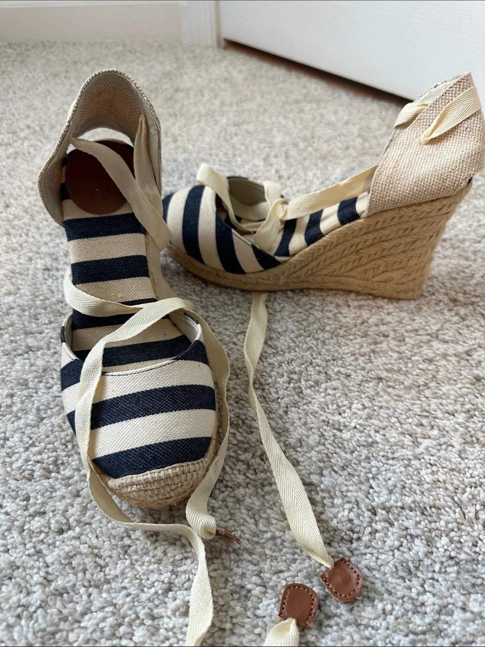 NWOT Striped Espadrille Wedges with Ankle Ties - Navy & Cream